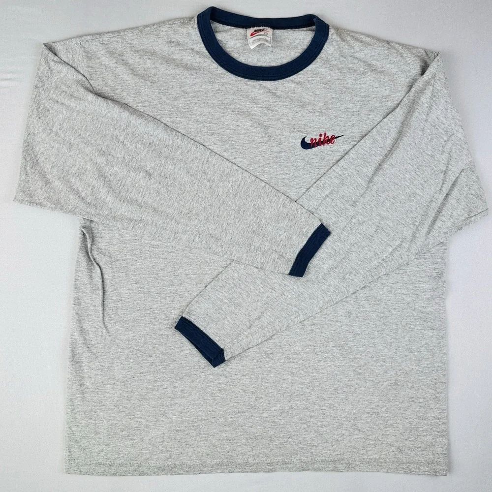 Vintage 90s Nike Embroidered Script Logo Long Sleeve Ringer T Shirt USA Made L